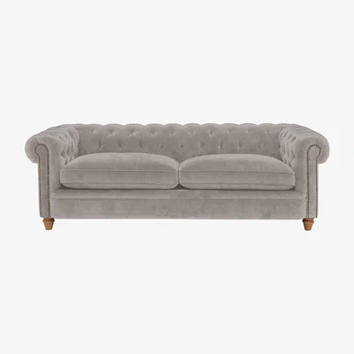 Furniture Village Alexander and James - Chesterfield Collection Ralph 4 Seater Fabric Sofa - Chamonix Silver with Studs - Oak Feet