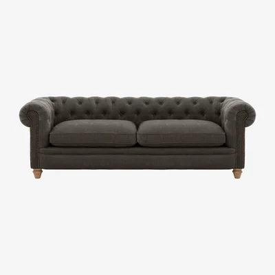 Furniture Village Alexander and James - Chesterfield Collection Ralph 4 Seater Fabric Sofa - Linen Grey with Studs - Oak Feet