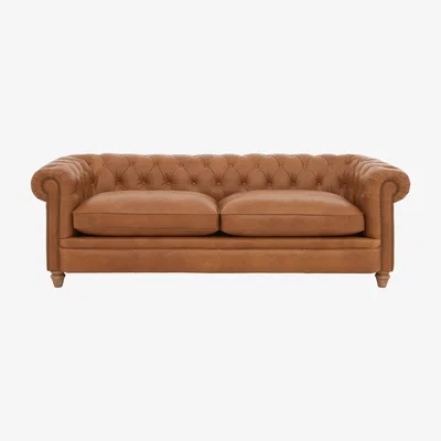 Furniture Village Alexander and James - Chesterfield Collection Ralph 4 Seater Leather Sofa - Original with Studs - Oak Feet