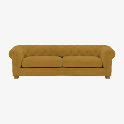 Furniture Village Alexander and James - Chesterfield Collection Hugo 4 Seater Fabric Sofa - Turmeric with Studs - Oak Feet