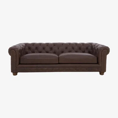 Furniture Village Alexander and James - Chesterfield Collection Hugo 4 Seater Leather Sofa - Satchel Nutmeg with Studs - Dark Feet