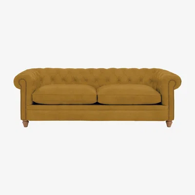 Furniture Village Alexander and James - Chesterfield Collection Ralph 4 Seater Fabric Sofa - Tumeric with Studs - Oak Feet
