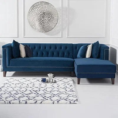 Oak&More Tammie Blue Velvet Right Facing 4 Seater Corner Chaise Sofa