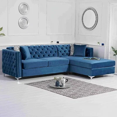 Oak&More Mistral Right Facing Blue Velvet 4 Seater Corner Chaise Sofa