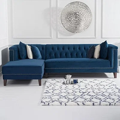 Oak&More Tammie Blue Velvet Left Facing 4 Seater Corner Chaise Sofa