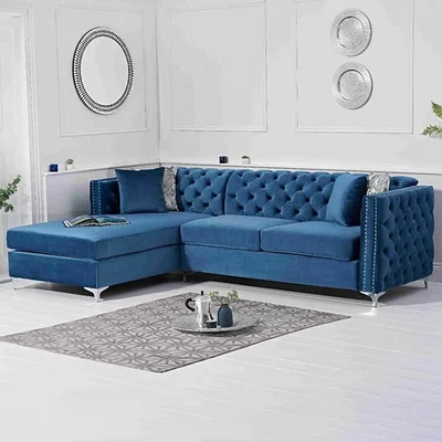 Oak&More Mistral Left Facing Blue Velvet 4 Seater Corner Chaise Sofa