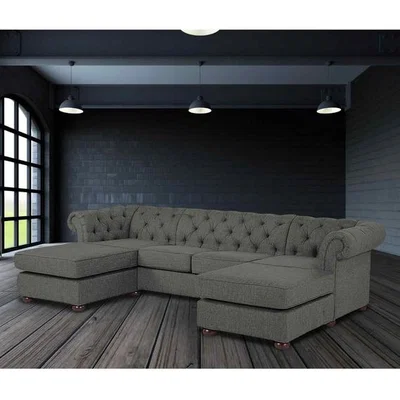 The Range Lenoso Chesterfield U Shape Sofa with 2 Footstools in Plush Velvet Fabric - Yellow