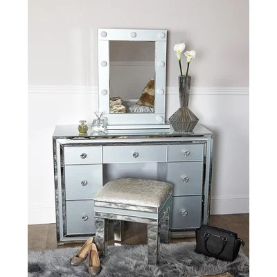 Teddy Beau Deco Home Madison Grey Vanity Mirrored Mirror With 9 Dimmable LED Light Bulbs