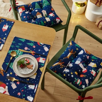 Dunelm Catherine Lansfield Set of 2 Santa's Christmas Wonderland Seat Pads Navy