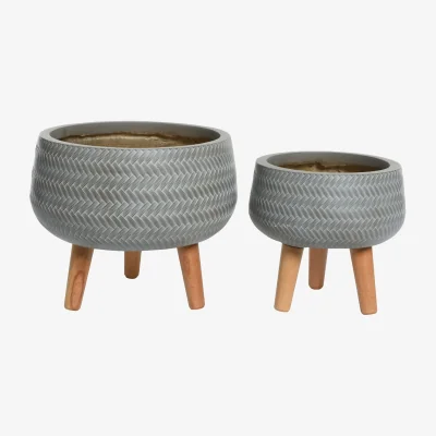 Barker and Stonehouse Round Woven Effect Clay Plant Pot Set, Grey | Barker & Stonehouse