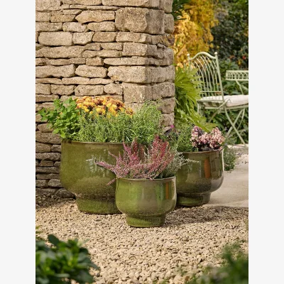 Cox and Cox Three Footed Olive Glaze Planters