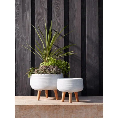 Cox and Cox NEW Two Striped Standing Low Planters - Light Grey