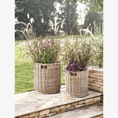 Cox and Cox Two Round Rattan Planters