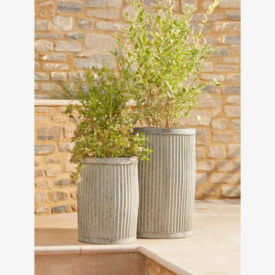 Cox and Cox Two Fluted Galvanised Barrel Planters