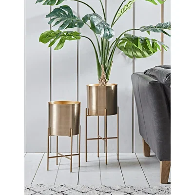 Cox and Cox Two Metal Standing Planters - Brass
