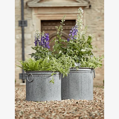 Cox and Cox Two Galvanised Planters - Round