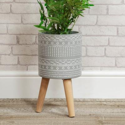 Dunelm Country Living Ornate Patterned Grey Plant Pot with Wooden Legs