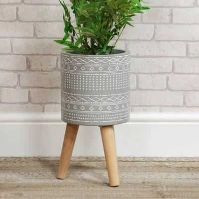 Dunelm Country Living Ornate Patterned Grey Plant Pot with Wooden Legs
