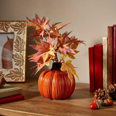 Dunelm Artificial Autumn Leaves in Ceramic Pumpkin Plant Pot
