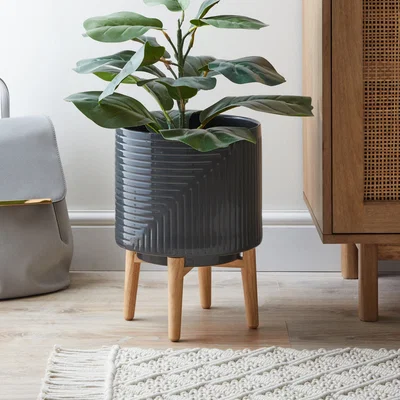 Dunelm Ceramic Planter with Wooden Stand Charcoal