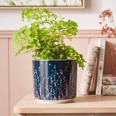 Dunelm Whimsical Floral Plant Pot Navy (Blue)