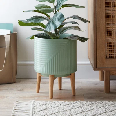 Dunelm Ceramic Planter with Wooden Stand Sage (Green)
