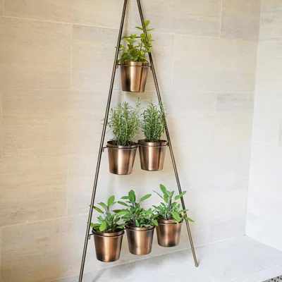 Dunelm Gold Metal Wall Plant Stand with Planters Gold