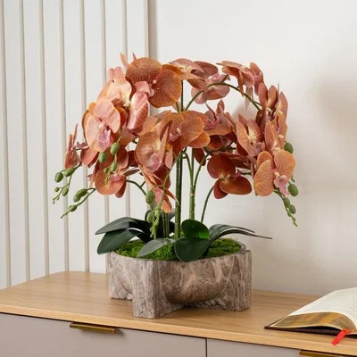 Dunelm Artificial Brown Orchid in Travertine Footed Plant Pot