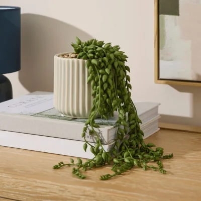Dunelm Artificial Trailing Plant in Ribbed Crackle Glazed Plant Pot