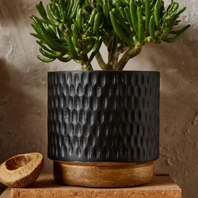 Dunelm Wooden Textured Plant Pot Black