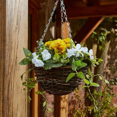 Dunelm Artificial Faux Flower Hanging Basket Green, Yellow and White