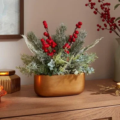 Dunelm Artificial Frosted Berry Arrangement in a Gold Oval Plant Pot