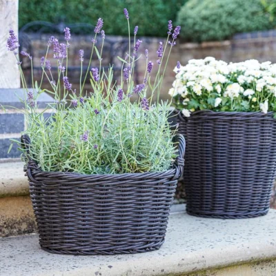 Dunelm Ivyline Polyrattan Lined Basket Planter Dark Stained Wood