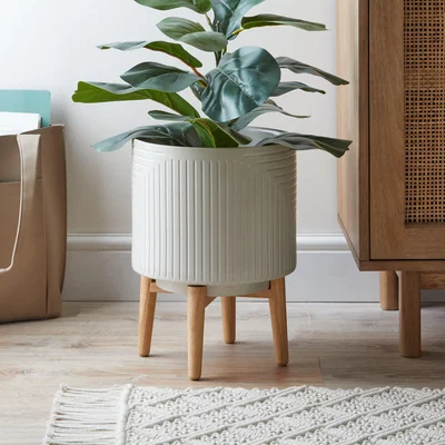 Dunelm Ceramic Planter with Wooden Stand Cream