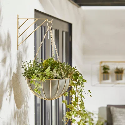 Dunelm Grey Wire Hanging Basket with Gold Bracket MultiColoured