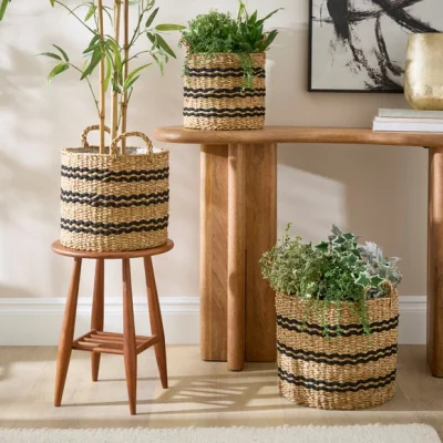 Dunelm Set of 3 Striped Woven Seagrass Plant Pots