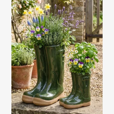 Dibor Little & Large Green Welly Boot Plant Pots