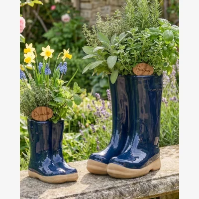 Dibor Dark Blue Welly Boot Planter with Personalised Marker