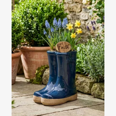 Dibor Blue Welly Boot Planter with Personalised Marker
