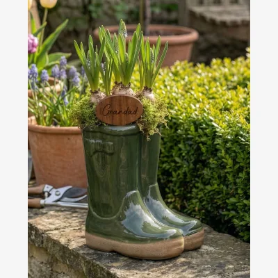 Dibor Dark Green Welly Boot Planter with Personalised Marker