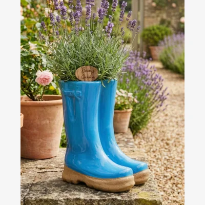 Dibor Large Bright Blue Welly Boots Planter with Personalised Marker