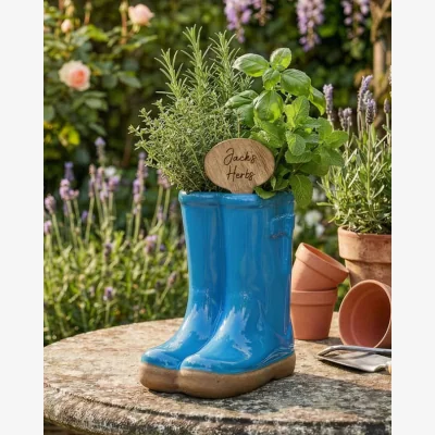 Dibor Personalised Bright Blue Welly Boot Plant Pot