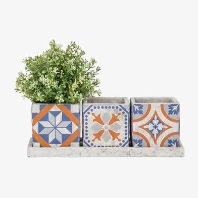 Furniture123 Fallen Fruits Portuguese Tiled 3 Square Pots on a Tray