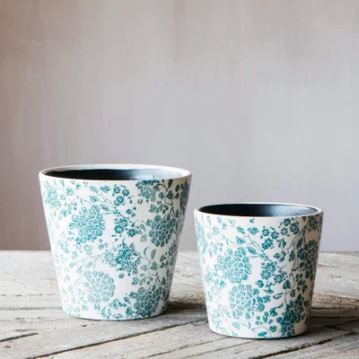 Graham & Green Set of Two Green Floral Plant Pots