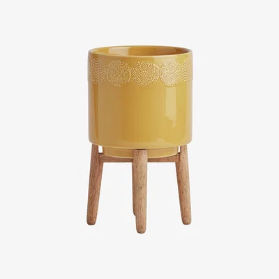 Habitat Habitat Ceramic Planter on Wooden Stand - Mustard