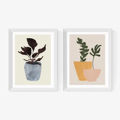 John Lewis EAST END PRINTS Dan Hobday 'Plant Pot' Wood Framed Print, Set of 2