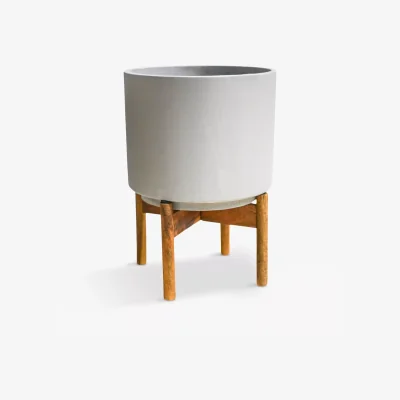 John Lewis Ivyline Vigo Concrete Indoor Plant Pot with Acacia Wood Stand, 19cm, Natural