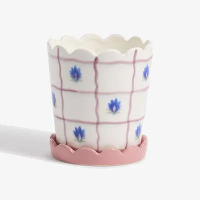 Marks & Spencer M&S Collection Check & Floral Ceramic Planter with Tray - Multi, Multi