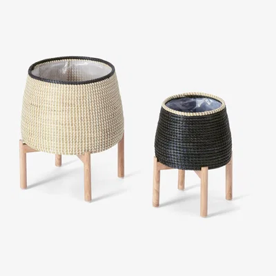 Made.com Melle Set of 2 Seagrass Planter Stands, Natural & Black