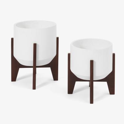 Made.com Afia Set of 2 Wide Plant Stands, Natural White Fibre Cement & Acacia